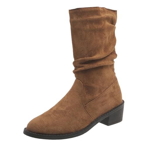 VBEDKDEB Boots Damen Mid Calf Stiefel Modische Winterstiefel für Damen mit niedrigem Absatz, Dicker, runder Zehenpartie, einfarbiger Überzug, bequemer Wildleder Slipper Plateau Schuhe (Brown, 38) von VBEDKDEB
