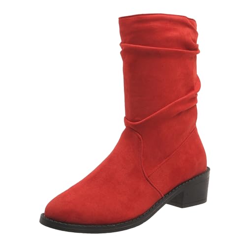 VBEDKDEB Boots Damen Mid Calf Stiefel Modische Winterstiefel für Damen mit niedrigem Absatz, Dicker, runder Zehenpartie, einfarbiger Überzug, bequemer Wildleder Slipper Plateau Schuhe (Red, 40) von VBEDKDEB