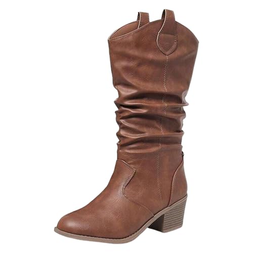 VBEDKDEB Boots Damen Mid Calf Stiefel Retro Damen Freizeitstiefel Western Keilabsatz Wadenlang Damenstiefel Slip On Runde Zehenpartie Dicker Absatz Damenstiefel Kampfstiefel (Brown, 39) von VBEDKDEB