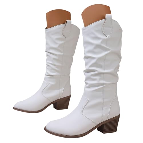VBEDKDEB Boots Damen Mid Calf Stiefel Retro Damen Freizeitstiefel Western Keilabsatz Wadenlang Damenstiefel Slip On Runde Zehenpartie Dicker Absatz Damenstiefel Kampfstiefel (White, 37) von VBEDKDEB