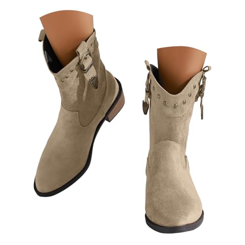 VBEDKDEB Boots Damen Mid Calf Stiefel Schlichte und modische, einfarbige Retro Stiefel mit runder Zehenpartie und quadratischem Absatz für Damen Leichte Gummistiefel (Beige, 41) von VBEDKDEB