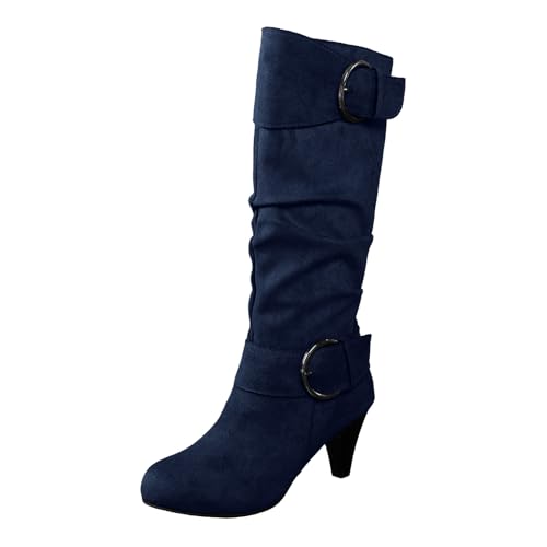 VBEDKDEB Boots Damen Mid Calf Stiefel Stiefel für Damen, lässige Modestiefel mit mittelhohem Absatz, Vintage Weihnachten oder Halloween, Cosplay, Hexenschuhe Winter Boots Women (Navy, 43) von VBEDKDEB