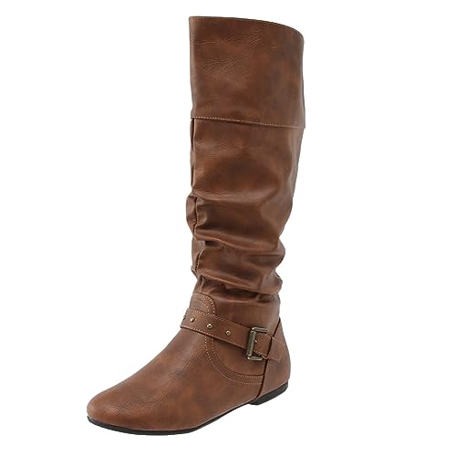 VBEDKDEB Boots Damen Mid Calf Stiefel Western Cowboy Mittelkalb Stiefel Spicy Girl Modische Klassische Retro Damen Lederstiefel Gummistiefel Leicht (Brown, 42) von VBEDKDEB