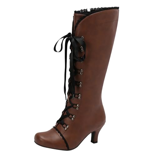 VBEDKDEB Boots Damen Mid Calf Stiefel Winter Neue Große Größe Damen Stiefel Schnürstiefel Mitte Wade Western Cowboy Boots (Brown, 42) von VBEDKDEB