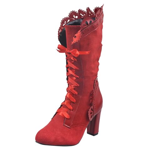 VBEDKDEB Boots Damen Mid Calf Stiefel Winter Neue Große Größe Damen Stiefel Spitze Spitze Mitte Wade Dirndlschuhe (Red, 37) von VBEDKDEB