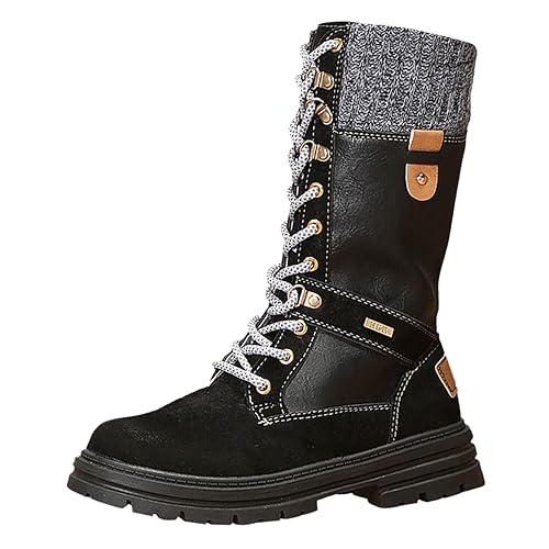 VBEDKDEB Boots Damen Mid Calf Stiefel Winter Stiefel Mode Stil Schnürung Mittelärmel Wolle Mund Dicker Absatz Damenstiefel gespleißte Stiefelette Damen (41) von VBEDKDEB