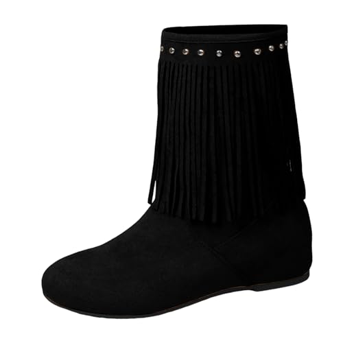 VBEDKDEB Boots Damen Mid Calf Stiefel Women's Fashionable Simple Studded Suede Fringe Boots Round Toe Thin Mid Calf with Built In Heel (Deutsche Übersetzung) Plateau Stiefeletten (37) von VBEDKDEB