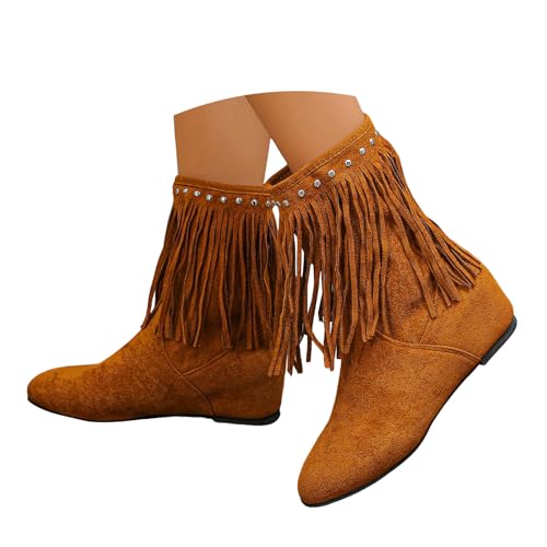 VBEDKDEB Boots Damen Mid Calf Stiefel Women's Fashionable Simple Studded Suede Fringe Boots Round Toe Thin Mid Calf with Built In Heel (Deutsche Übersetzung) Plateau Stiefeletten (Brown, 41) von VBEDKDEB