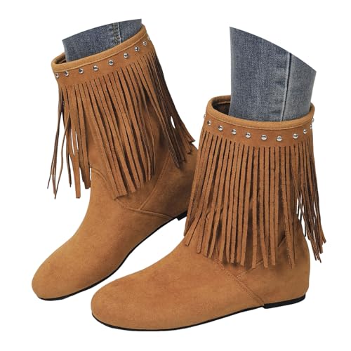 VBEDKDEB Boots Damen Mid Calf Stiefel Women's Fashionable Simple Studded Suede Fringe Boots Round Toe Thin Mid Calf with Built In Heel (Deutsche Übersetzung) Plateau Stiefeletten (Khaki, 38) von VBEDKDEB