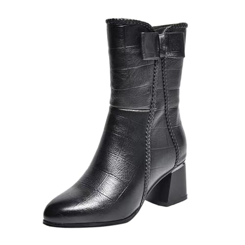 VBEDKDEB Boots Damen Mid Calf Stiefel im britischen Stil für Winter, Spitze Mittelkalbstiefel, seitlicher Reißverschluss, Dicker Absatz, Schleifenstiefel Schuhe Wasserdicht Damen (37) von VBEDKDEB