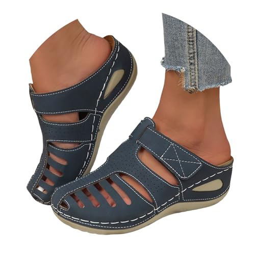 VBEDKDEB Clog Damen Sommer Plateau Hausschuhe Atmungsaktive Hohl Bequeme Halbschuh Keilabsatz Rutschfeste Sandaletten Lässige Vorne Geschlossen Sandalen Strand Reise Urlaub Slipper (Blue, 41) von VBEDKDEB