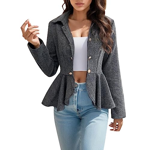 VBEDKDEB Damen Blazer Jacquard-Büro-Anzugjacke mit Schößchen und zweireihigem Verschluss Blazer Schwarz Damen Blaser Jacke Damen (Grey, M) von VBEDKDEB