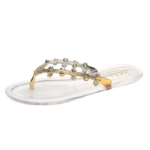 VBEDKDEB Damen Flach Flip Flops Casual Zehenstegsandalen Bohemian Sandalen Strandsandalen Strass verzierte Zehentrenner Sommer Zehensandalen (Gold, 37.5) von VBEDKDEB