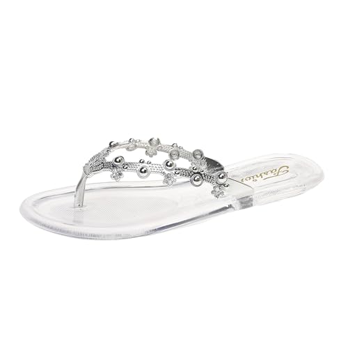 VBEDKDEB Damen Flach Flip Flops Casual Zehenstegsandalen Bohemian Sandalen Strandsandalen Strass verzierte Zehentrenner Sommer Zehensandalen (White, 38) von VBEDKDEB