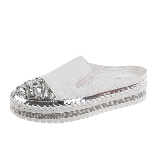 VBEDKDEB Damen Herren Clogs Pantolette Slip on, solides, Strass Dekoration, Dicke Sohle, lässige halbe Hausschuhe Gartenclogs Sommer Sommerschuhe Schlupfschuhe (White, 37) von VBEDKDEB