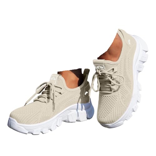 VBEDKDEB Damen Laufschuhe Schuhe Damen Sportschuhe Leicht Mesh Atmungsaktiv Bequem Schnüren Sneaker Turnschuhe Joggingschuhe Wanderschuhe Running Shoes Trainers (X-C-Khaki, 42) von VBEDKDEB