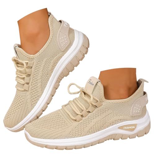 VBEDKDEB Damen Laufschuhe Schuhe Damen Sportschuhe Leicht Mesh Atmungsaktiv Bequem Schnüren Sneaker Turnschuhe Joggingschuhe Wanderschuhe Running Shoes Trainers (X-E-Beige, 37) von VBEDKDEB