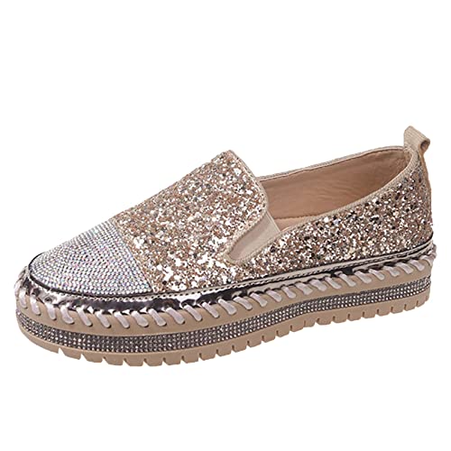 VBEDKDEB Damen Mokkasins Schuhe Mokassins Damen Flacher Boden, Strass, modische Damenschuhe Mokassin Damen Damen Loafer (Gold, 41) von VBEDKDEB