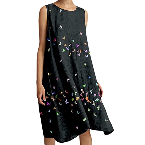 VBEDKDEB Damen-Strandkleid aus Stretch-Baumwolle und Leinen, bequem, lässig, mit Flammen- und Schmetterlingsdruck, langes Kleid, Freizeitkleid Sommerkleid Blumen von VBEDKDEB