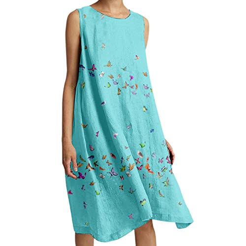 VBEDKDEB Damen-Strandkleid aus Stretch-Baumwolle und Leinen, bequem, lässig, mit Flammen- und Schmetterlingsdruck, langes Kleid, Freizeitkleid Sommerkleid Blumen von VBEDKDEB