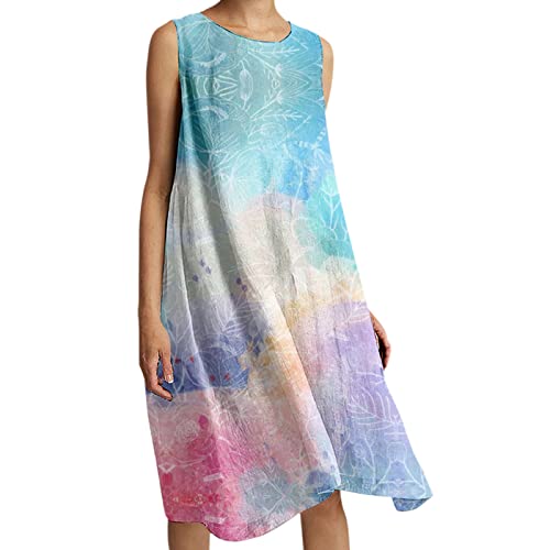 VBEDKDEB Damen-Strandkleid aus elastischer Baumwolle und Leinen, bequem, lässig, Flammensämling, Sonnenblume, Batikfärbung, Kleiner Blumendruck, langes Kleid, lässiges Kleid Sommerkleid Blumen von VBEDKDEB