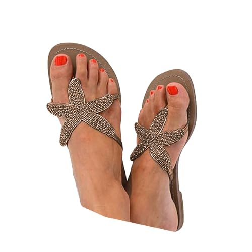 VBEDKDEB Flach Flip Flops Damen Bequeme Rutschfeste Flipflops Elegant Strass Seestern Zehentrenner 2025 Sommer Lässige Outdoor Strand Reise Sauna Badeslipper Sandalen (Rose Gold, 39) von VBEDKDEB