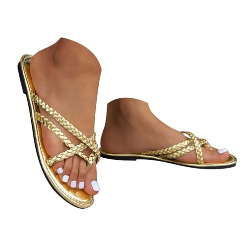 VBEDKDEB Flach Flip Flops Damen Bequeme Rutschfeste Zehentrenner Sandalen offener Zehenpartie Flip-Flops Frauen 2025 Sommer Retro Strand Flipflops (Gold, 38) von VBEDKDEB