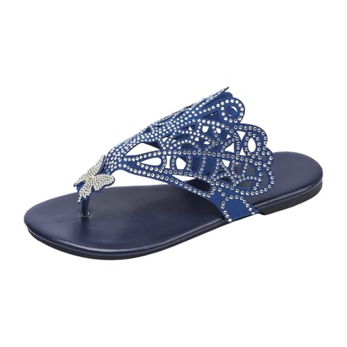 VBEDKDEB Flach Flip Flops Damen Bohemian Zehentrenner Sandalen Zehen Elegant Strass Schmetterling Flip-Flops Frauen 2025 Sommer Retro Bequeme Flipflops (Blue, 42) von VBEDKDEB