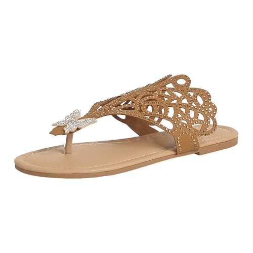 VBEDKDEB Flach Flip Flops Damen Bohemian Zehentrenner Sandalen Zehen Elegant Strass Schmetterling Flip-Flops Frauen 2025 Sommer Retro Bequeme Flipflops (Gold, 42) von VBEDKDEB