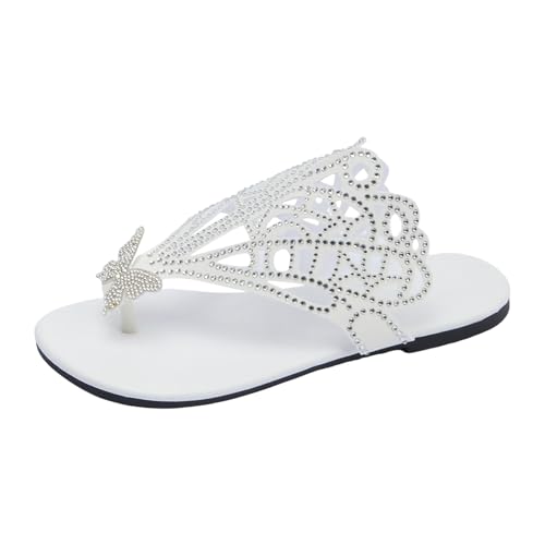 VBEDKDEB Flach Flip Flops Damen Bohemian Zehentrenner Sandalen Zehen Elegant Strass Schmetterling Flip-Flops Frauen 2025 Sommer Retro Bequeme Flipflops (White, 43) von VBEDKDEB