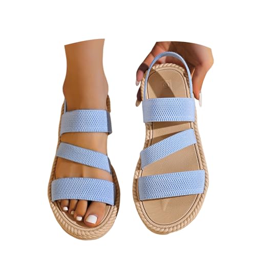 VBEDKDEB Flach Sandalen Damen Elegant Bequem Wanderschuhe 2025 Sommer Lässige Elastisch Sandaletten Frauen Strand Reise Urlaub Offen Rutschfeste Walkingsandalen (Light Blue, 41) von VBEDKDEB