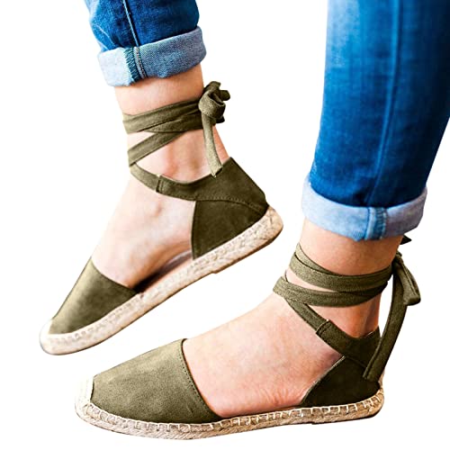 VBEDKDEB Flach Schuhe Damen Retro Wildleder Espadrilles Sandalen 2025 Sommer Lässige Sandaletten Reise Urlaub Geschlossener Zehen Rutschfeste Wandersandalen mit Schnürung Riemchen (38.5) von VBEDKDEB