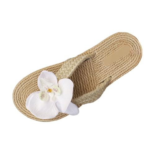 VBEDKDEB Flip Flops Damen Flach Blumen Flip-Flops Strandurlaub Feen-Hausschuhe offene Zehenpartie Espadrilles Zehentrenner Sandalen Damenschuhe Zehensandalen Zehenstegsandalen (White, 41) von VBEDKDEB