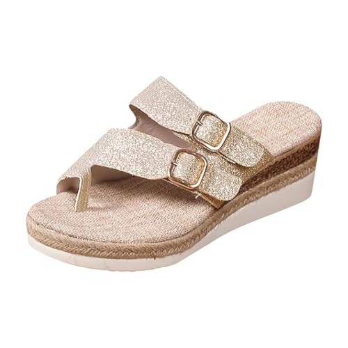 VBEDKDEB Flip Flops Damen Hallux Valgus Keilsandalen Plateau Espadrilles Zehentrenner Sommer Bequeme lockere Sandalen Rutschfeste Keilabsatz Flip-Flops Verstellbaren Spangen Flipflops (Gold, 38) von VBEDKDEB