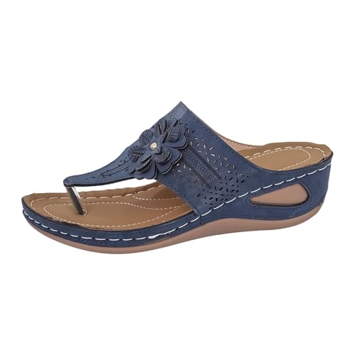 VBEDKDEB Flip Flops Damen Hausschuhe mit weicher dicker Sohle Keilabsatz Zehentrenner modische lässige Strand Zehensandalen Sandalen Frühling Sommer Damenschuhe Zehenstegsandalen (Blue, 38.5) von VBEDKDEB