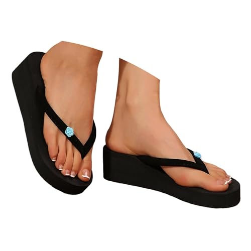 VBEDKDEB Flip Flops Damen Keilabsatz Zehentrenner Blumen Sommer Strand Zehensandalen Dicke Sohle Zehenstegsandalen (Sky Blue, 42) von VBEDKDEB