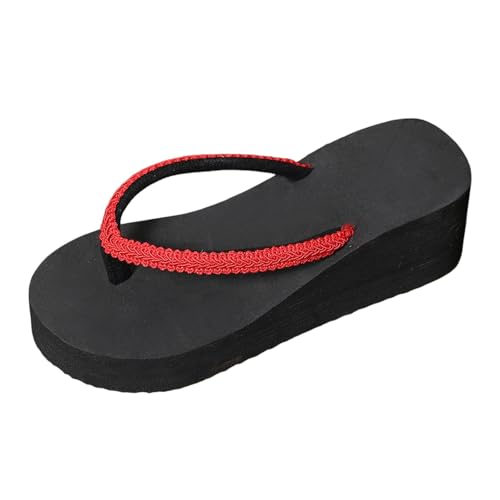 VBEDKDEB Flip Flops Damen Offene Zehenpartie Plateau Modische Flip-Flops Zehentrenner Keilabsatz Strand Tägliche Zehenstegsandalen (Red, 42) von VBEDKDEB