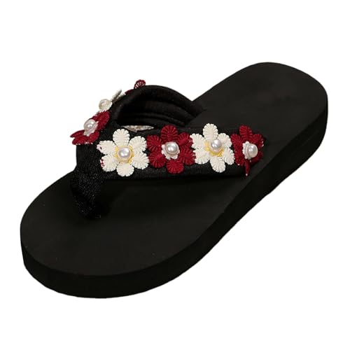 VBEDKDEB Flip Flops Damen Sommer Blumen Zehenstegsandalen frauen Sandalen Dicken Sohlen Zehentrenner Modische Hausschuhe Strand Zehensandalen Für Damenschuhe (Red, 38) von VBEDKDEB