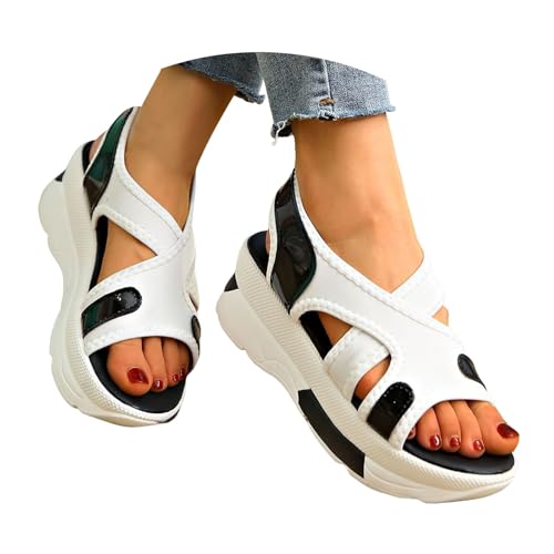 VBEDKDEB Gesundheitsschuhe Damen Plateau Sandalen Elegant Bequem Fußbett 2025 Sommer Lässige Kreuzriemen Sandaletten Strand Reise Urlaub Offen Rutschfeste Wanderschuhe Walkingsandalen (White, 40) von VBEDKDEB