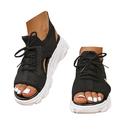 VBEDKDEB Gesundheitsschuhe Damen Plateau Sandalen Elegant Bequem Fußbett Walkingsandalen 2025 Sommer Lässige Sandaletten Strand Reise Urlaub Peeptoe Rutschfeste Wandersandalen mit Schnürung (40) von VBEDKDEB