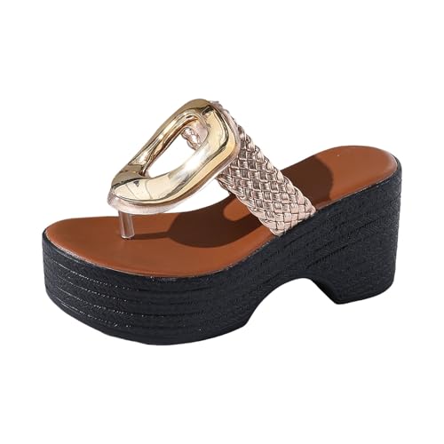 VBEDKDEB Keilabsatz Flip Flops Damen Bequeme Plateau Flipflops Frauen Dickbesohlte Sandalen 2025 Sommer Flip-Flops Lässige Zehentrenner (Gold, 40) von VBEDKDEB