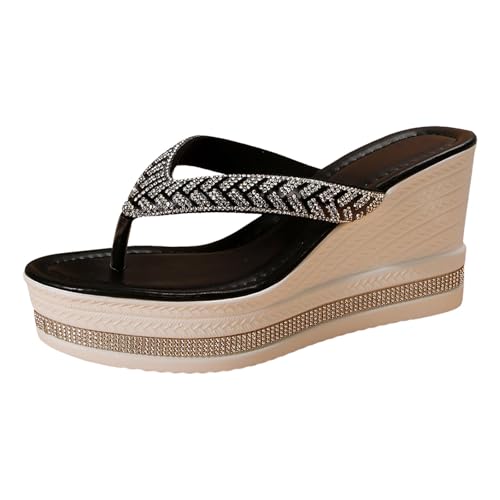 VBEDKDEB Keilabsatz Flip Flops Damen Keilsandalen Modische Plateau Rutschfeste Flip-Flops Strasssteine Bohemian Flipflops 2025 Sommer Retro Strand Zehentrenner (42) von VBEDKDEB