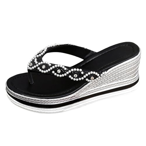VBEDKDEB Keilabsatz Flip Flops Damen Keilsandalen Modische Plateau Rutschfeste Flip-Flops Strasssteine Bohemian Flipflops 2025 Sommer Retro Strand Zehentrenner (A, 40.5) von VBEDKDEB