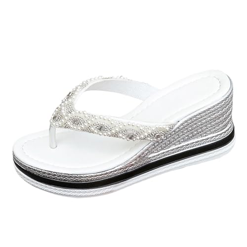 VBEDKDEB Keilabsatz Flip Flops Damen Keilsandalen Modische Plateau Rutschfeste Flip-Flops Strasssteine Bohemian Flipflops 2025 Sommer Retro Strand Zehentrenner (B, 42) von VBEDKDEB