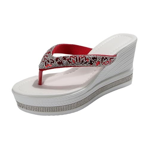 VBEDKDEB Keilabsatz Flip Flops Damen Keilsandalen Modische Plateau Rutschfeste Flip-Flops Strasssteine Bohemian Flipflops 2025 Sommer Retro Strand Zehentrenner (E, 41) von VBEDKDEB