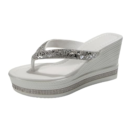 VBEDKDEB Keilabsatz Flip Flops Damen Keilsandalen Modische Plateau Rutschfeste Flip-Flops Strasssteine Bohemian Flipflops 2025 Sommer Retro Strand Zehentrenner (F, 43) von VBEDKDEB