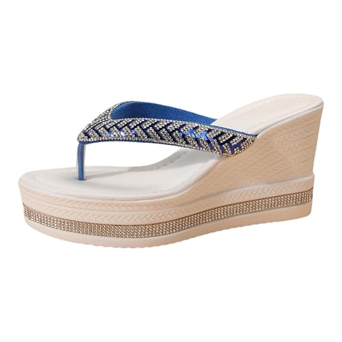 VBEDKDEB Keilabsatz Flip Flops Damen Keilsandalen Modische Plateau Rutschfeste Flip-Flops Strasssteine Bohemian Flipflops 2025 Sommer Retro Strand Zehentrenner (G, 42) von VBEDKDEB