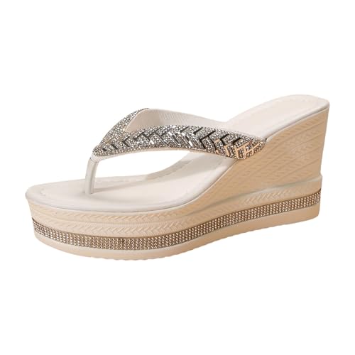 VBEDKDEB Keilabsatz Flip Flops Damen Keilsandalen Modische Plateau Rutschfeste Flip-Flops Strasssteine Bohemian Flipflops 2025 Sommer Retro Strand Zehentrenner (I, 43) von VBEDKDEB