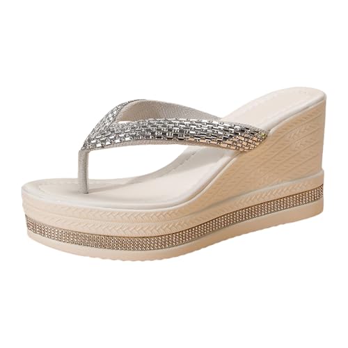 VBEDKDEB Keilabsatz Flip Flops Damen Keilsandalen Modische Plateau Rutschfeste Flip-Flops Strasssteine Bohemian Flipflops 2025 Sommer Retro Strand Zehentrenner (J, 42) von VBEDKDEB
