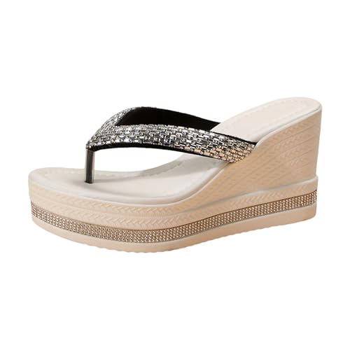 VBEDKDEB Keilabsatz Flip Flops Damen Keilsandalen Modische Plateau Rutschfeste Flip-Flops Strasssteine Bohemian Flipflops 2025 Sommer Retro Strand Zehentrenner (K, 41) von VBEDKDEB